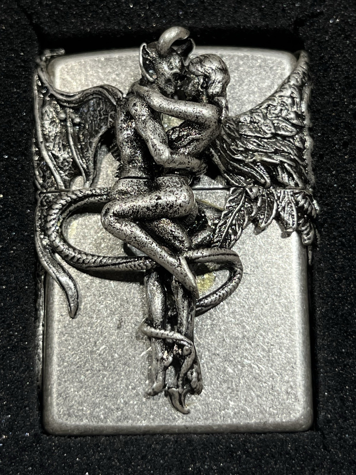 Zippo Angel Devil Wing Antique Silver Heavy Zippo Lighter In Wood box NEW Japan
