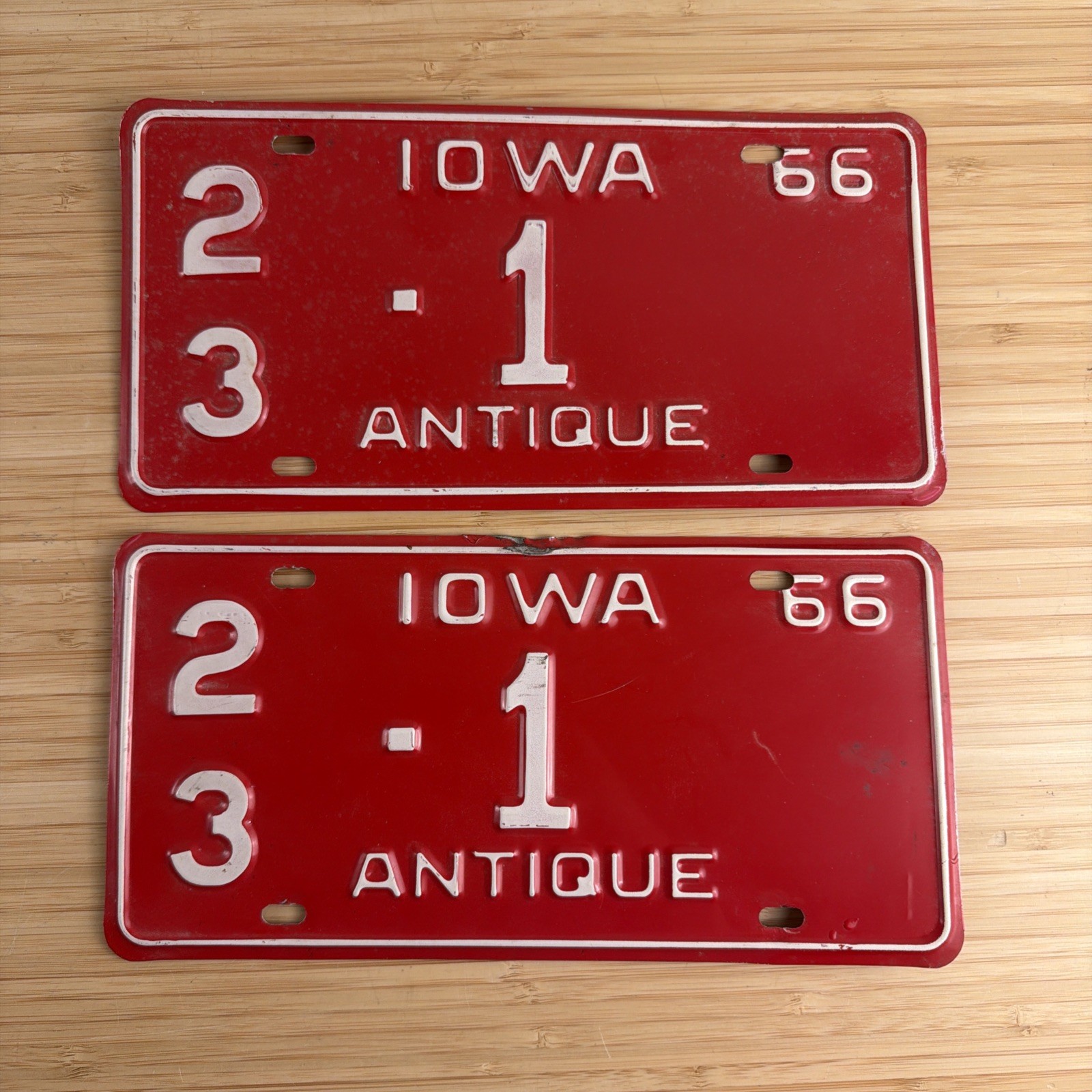 RARE PAIR OF 1966 #1 IOWA ANTIQUE LICENSE PLATES CLINTON COUNTY