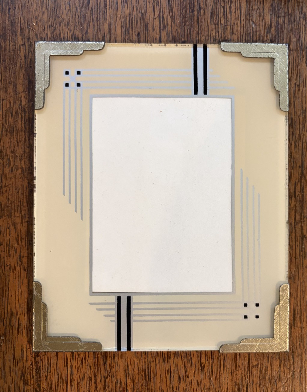 Antique Art Deco Reverse Painted Small Glass Picture Frame w/ Metal Corners VTG