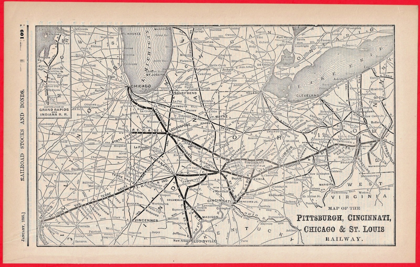 1895 Panhandle Route Railroad Map Pittsburgh Cincinnati Chicago St Louis Railway