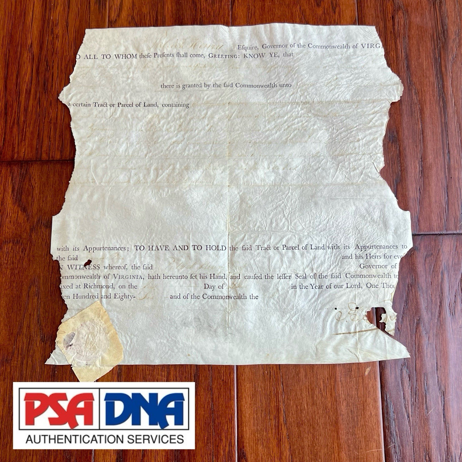 PATRICK HENRY Autograph Partial LAND GRANT Fragment Signed as VA Governor * PSA