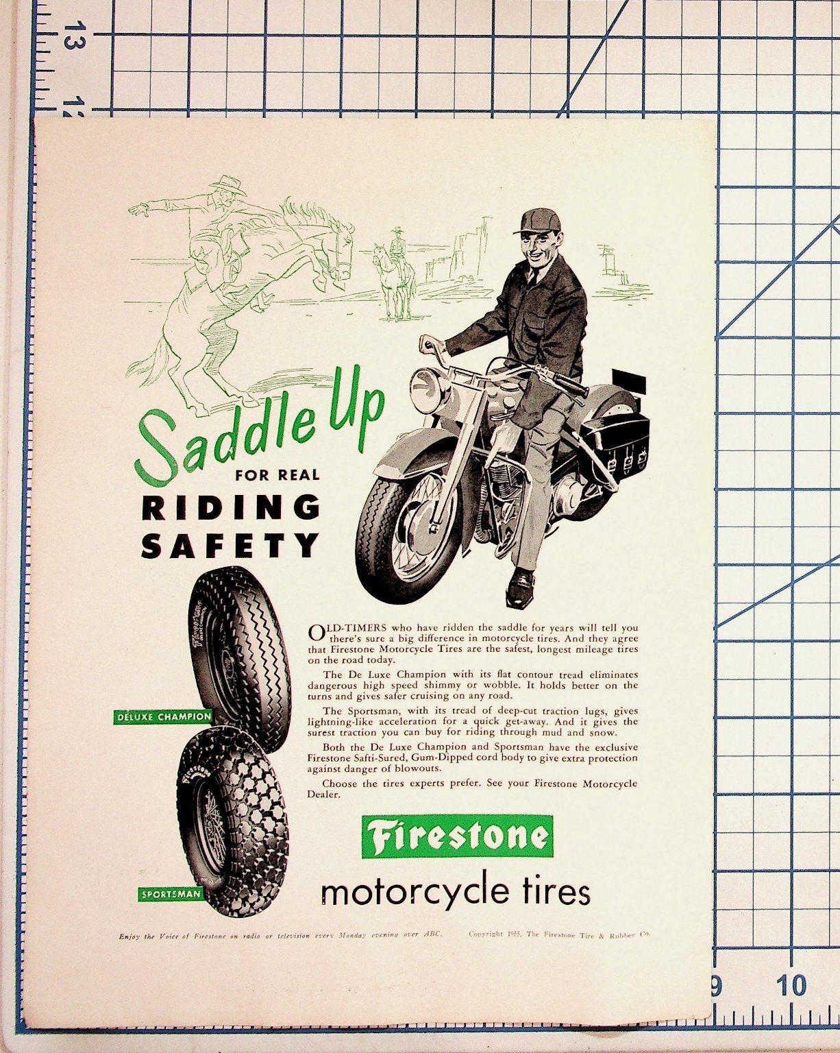 1955 Firestone Motorcycle Tires Ad Vintage Print Ephemera Americana