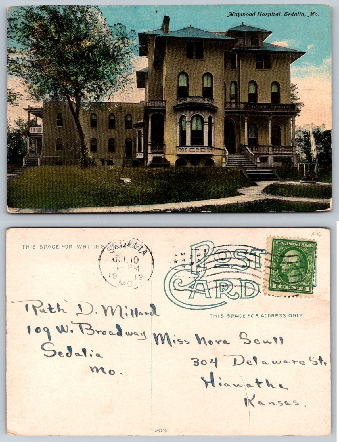 Mapwood Hospital Sedalia MO Postcard 1912 Divided Back Architecture