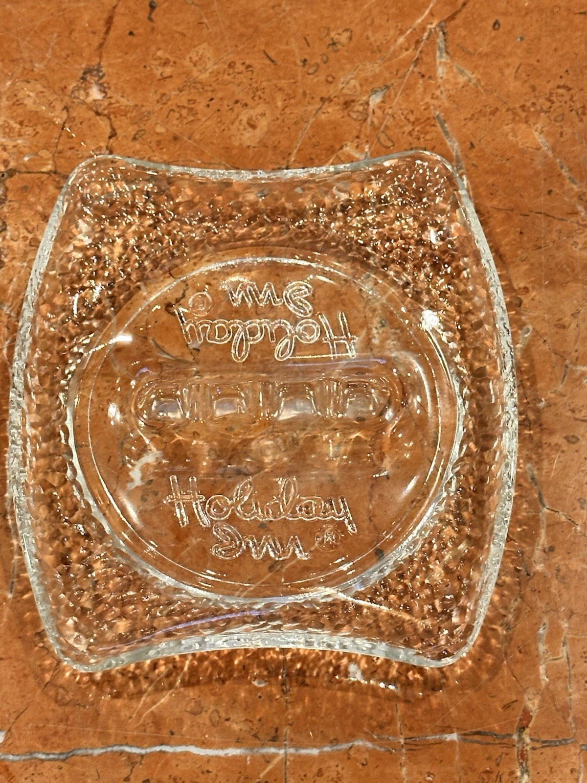 HOLIDAY INN ADVERTISING TABLE ASHTRAY CLEAR GLASS VINTAGE MCM RETRO EUC