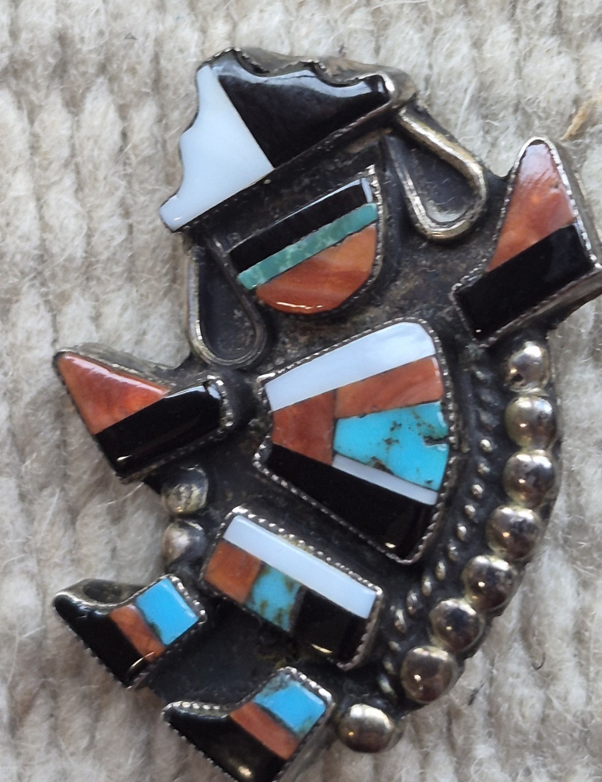 Early Vintage Zuni Sterling Silver Inlay Rainbow Man Brooch