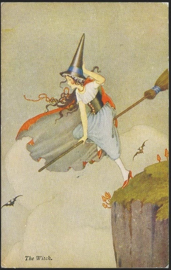 Rare Ida Outhwaite 1939 Halloween Teen Witch in Flight, Bat, Collector's Gold