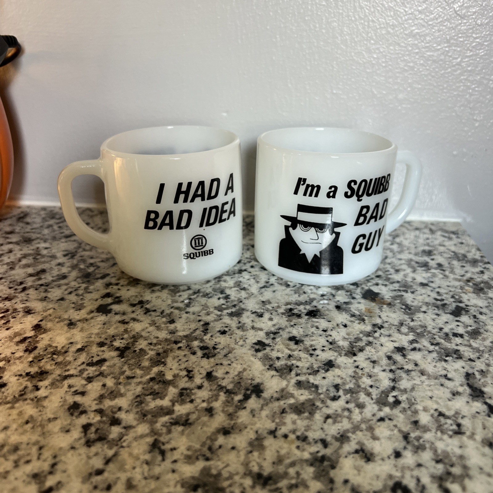 Vintage Federal Glass  SQUIBB  “Bad Guy” Milk Glass Mug – I Had a Bad Idea