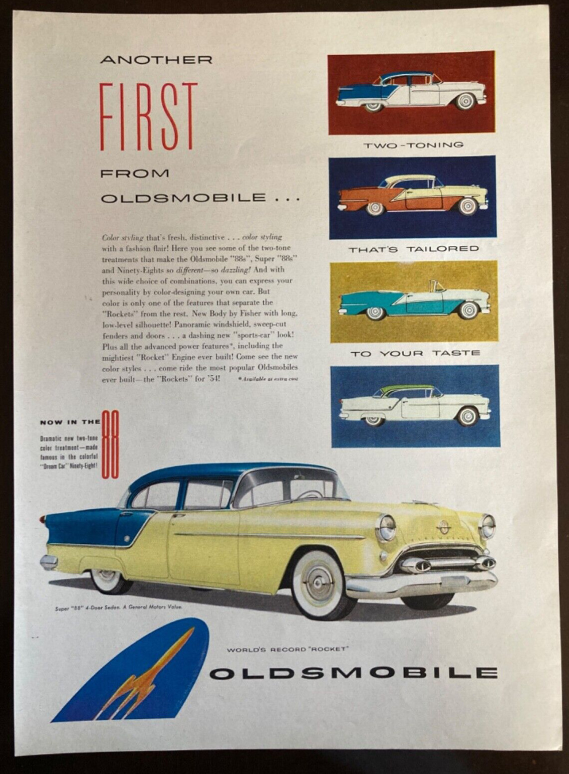 1954 Oldsmobile 88 Rocket Engine - Vintage Print Ad / American Viscose Corp
