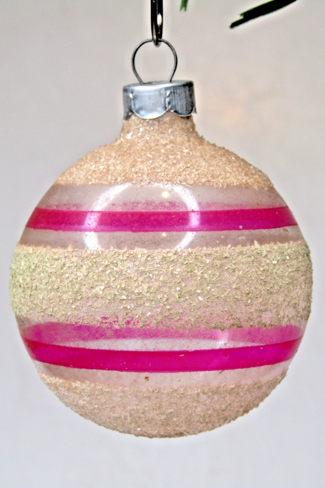 VTG WWII Unsilvered Glass Mica Striped BALL Christmas Ornament Hot Pink US of A