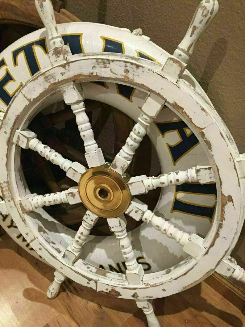 36\'\' Hand Painted Wooden Ship Wheel Distressed White Nautical home Decor Gift