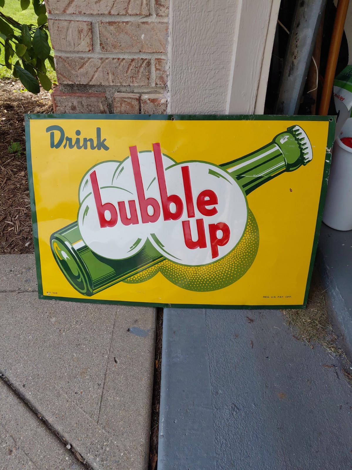 c.1940s Original Vintage Drink Bubble Up Soda Sign Metal Embossed Bottle Clean