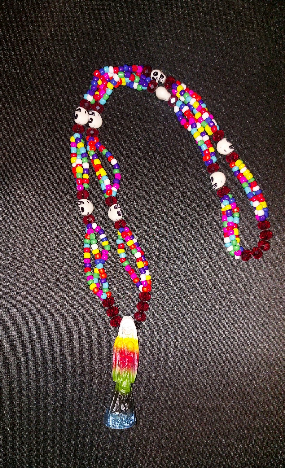 Mazo De 3 Hilos De La Santa Muerte Colores.  Santa Muerte Mazo Necklace