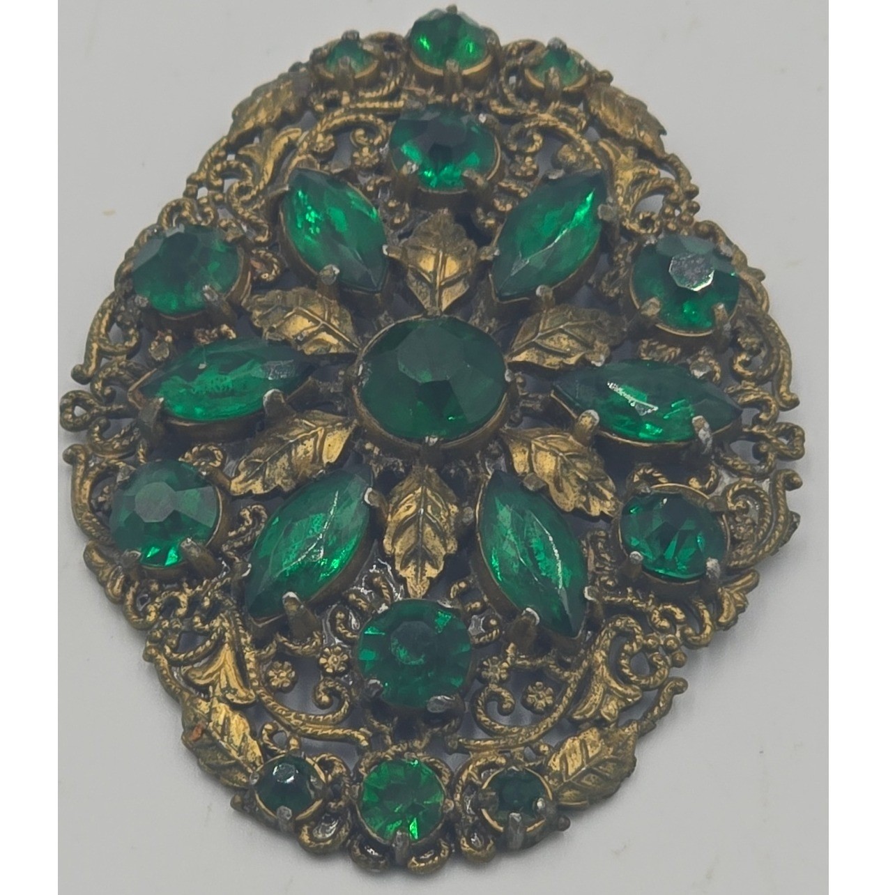 Vintage 1930s Art Deco Czech Brass Filigree Belt Buckle Emerald Green Glass