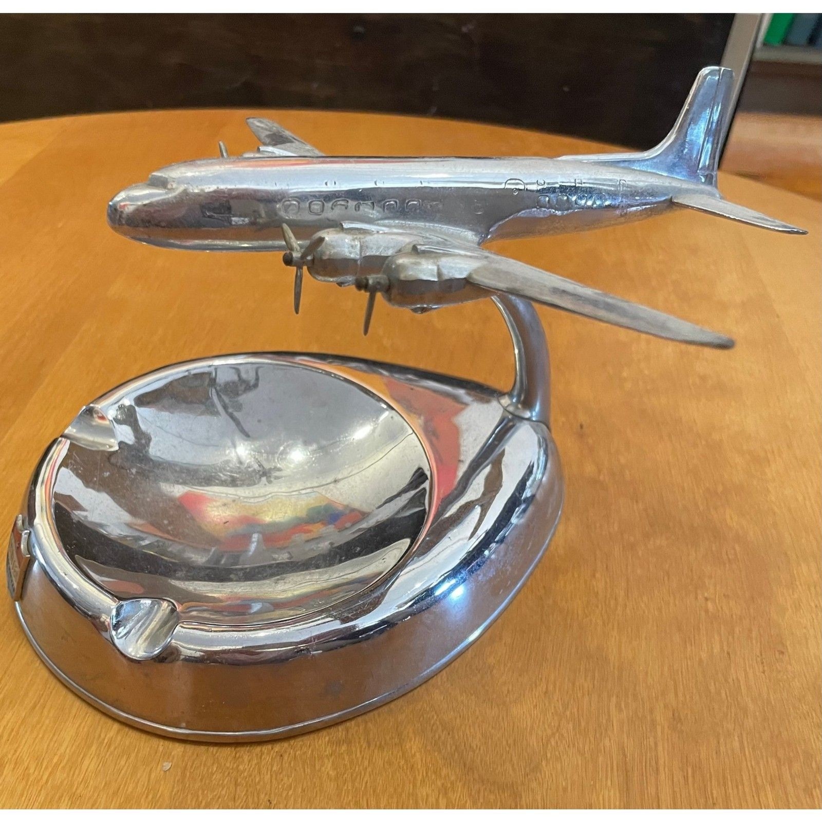 Vintage Vic Pastushin Douglas DC-7 Chrome Airplane Model Desk Ashtray 1950s