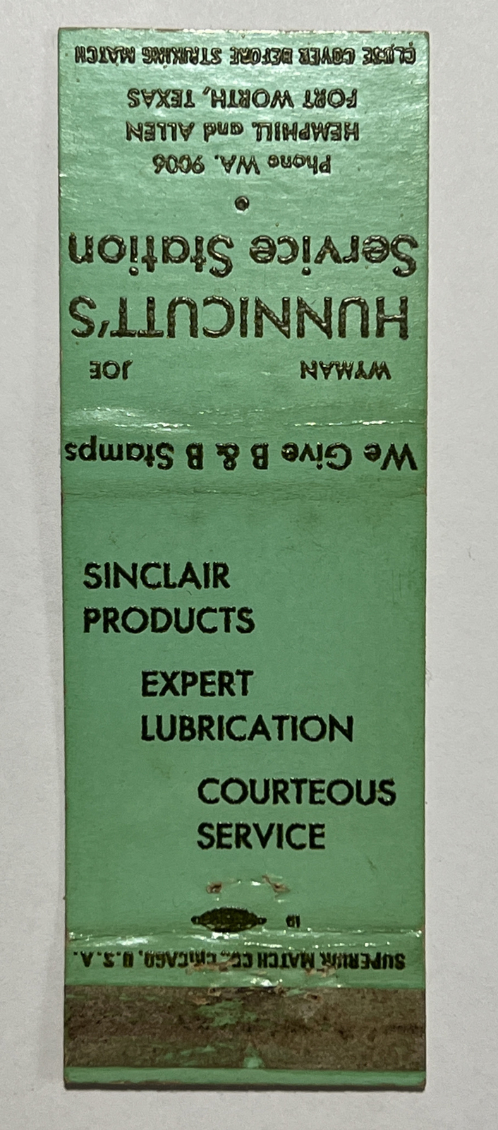 Vintage Matchbook Cover Wyman Joe Hunnicutt’s Service Station  Fort Worth, Texas