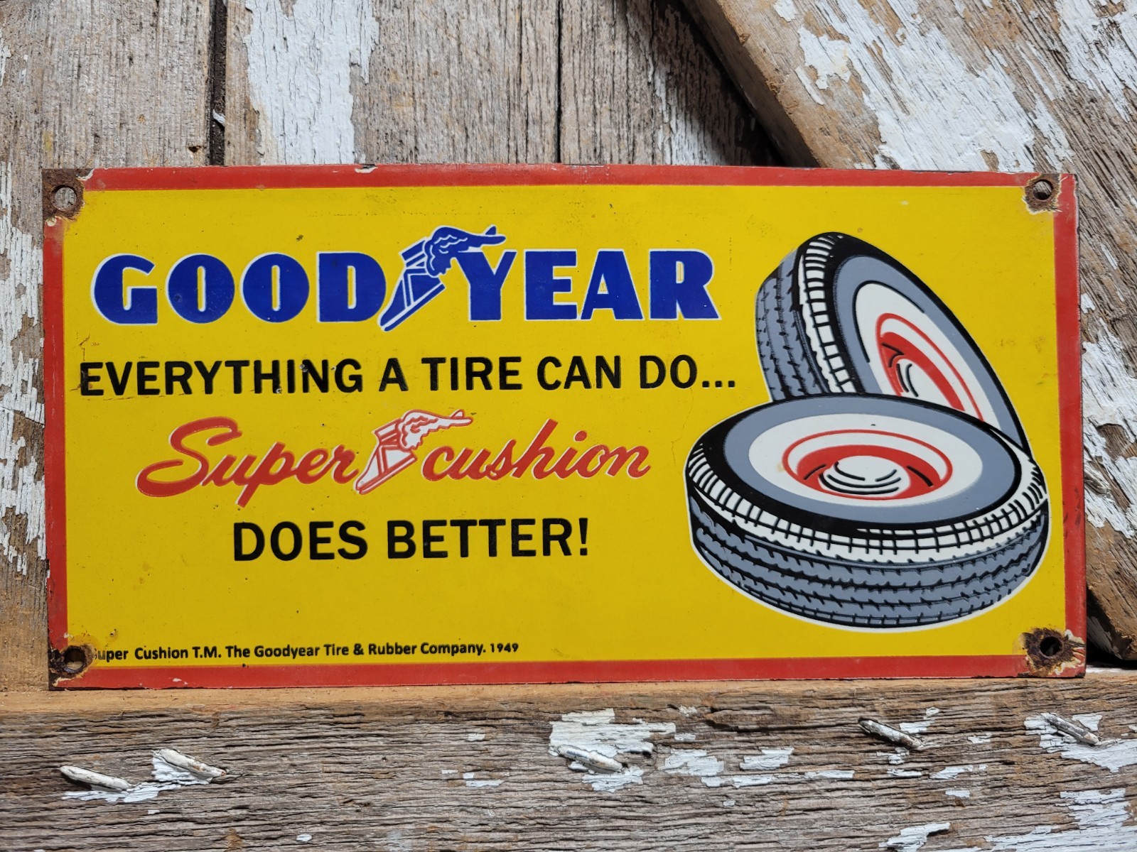 VINTAGE GOODYEAR PORCELAIN SIGN OLD 49\' TIRES GAS AUTOMOBILE PARTS DEALER GARAGE