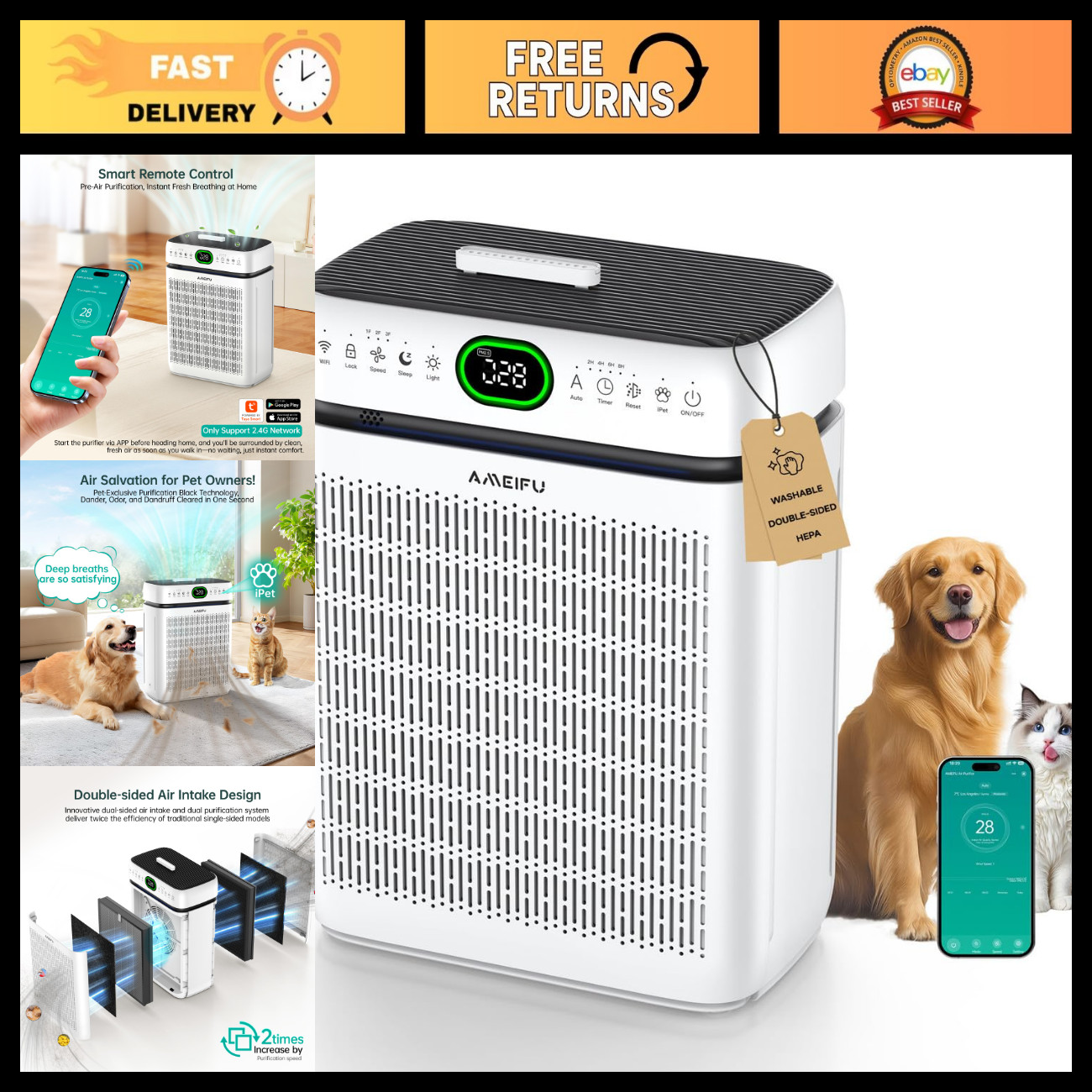 Air Purifiers for Home Large Room Up to 3500 Sq Ft with Washable Filters,Double-