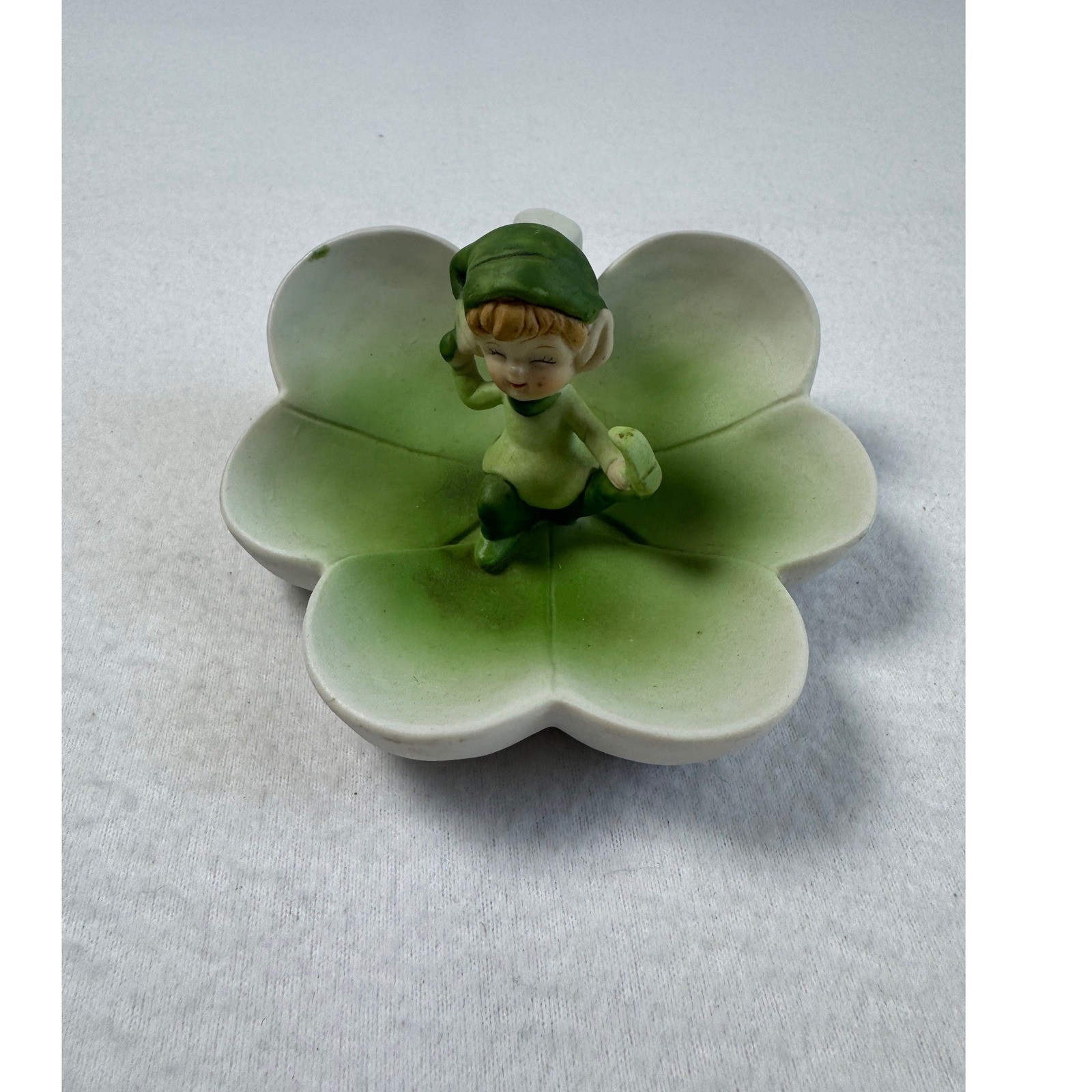 Vintage Brinn's Pixie Elf Flower Trinket Dish Green Porcelain Figurine Taiwan