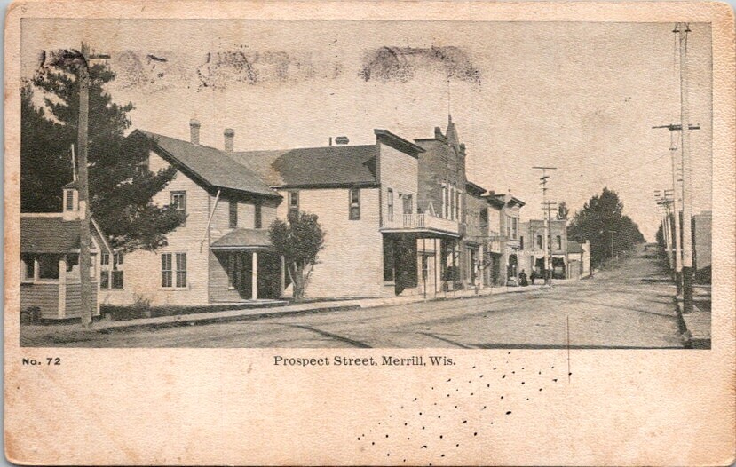 Vintage Postcard Prospect St. Merrill Wisconsin WI 1909 Store Fronts Home   Q222