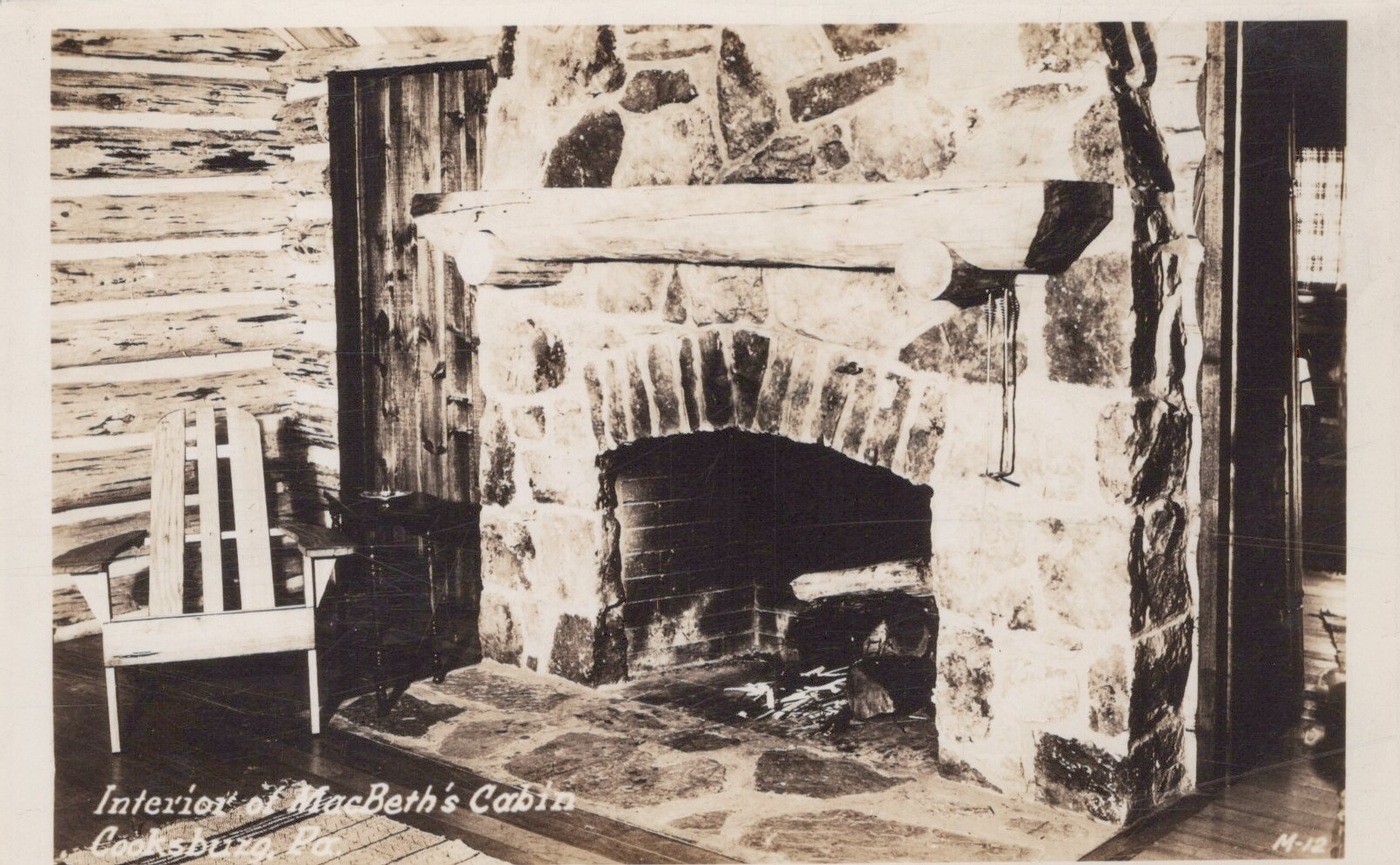 Interior MacBeth\'s Cabin Cooksburg PA Fireplace 1940s - RPPC Photo Postcard