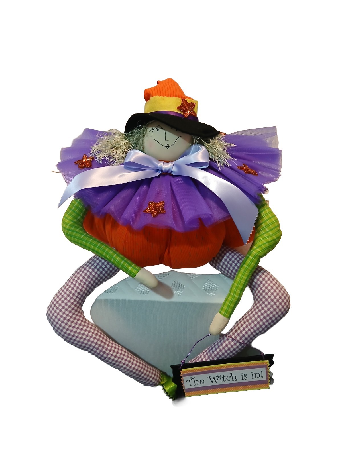 Handmade Whimsical Witch In Pumpkin Body Shelf Sitter 
