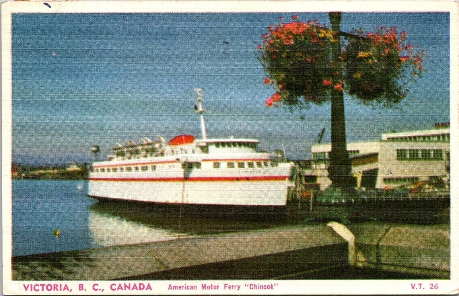Victoria BC Canada American Motor Ferry Chinook Linen Postcard VTG PM Cancel WOB