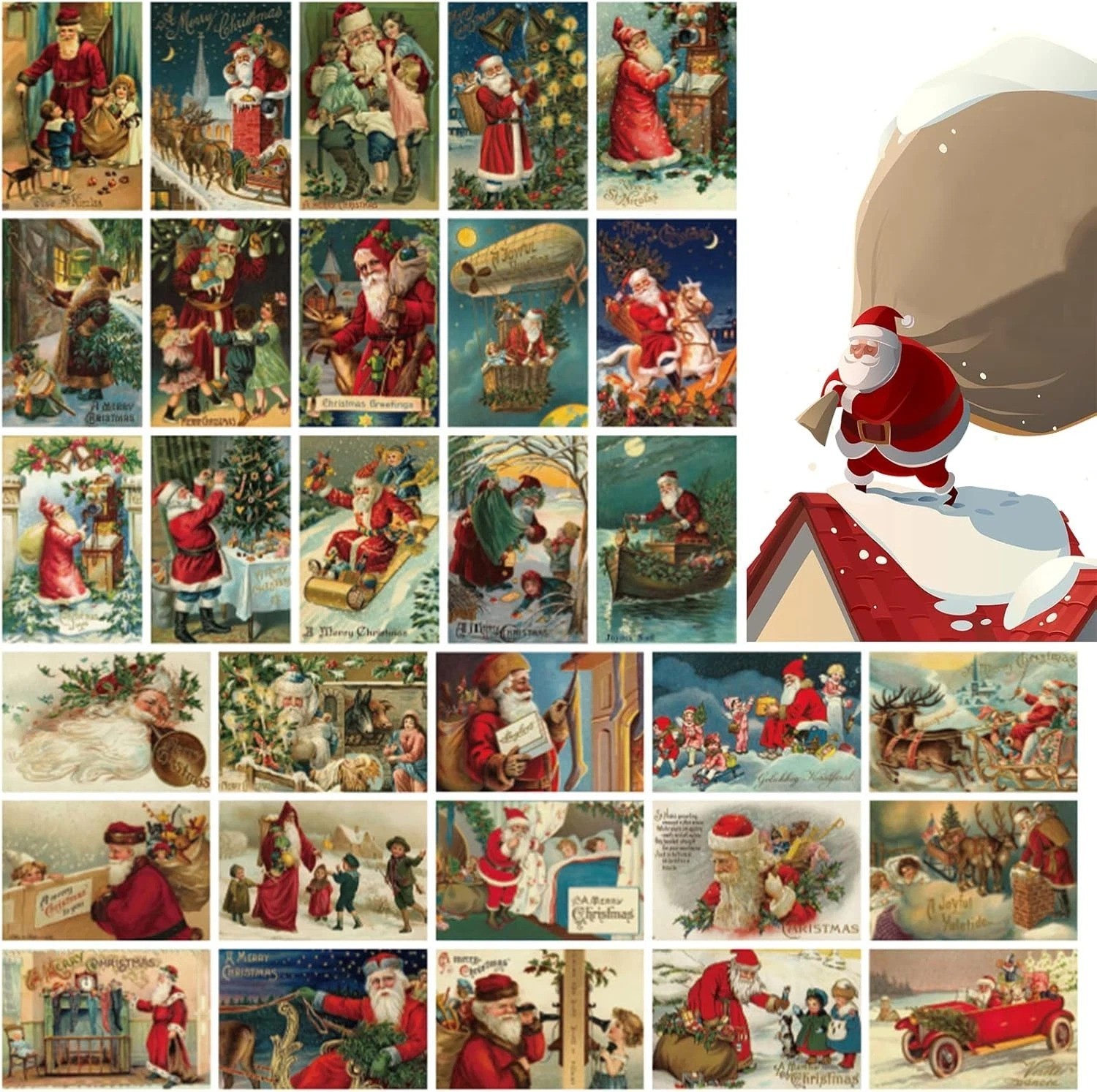 30Pcs Vintage Christmas Greeting Cards, Santa and Christmas Reprint Antique Post