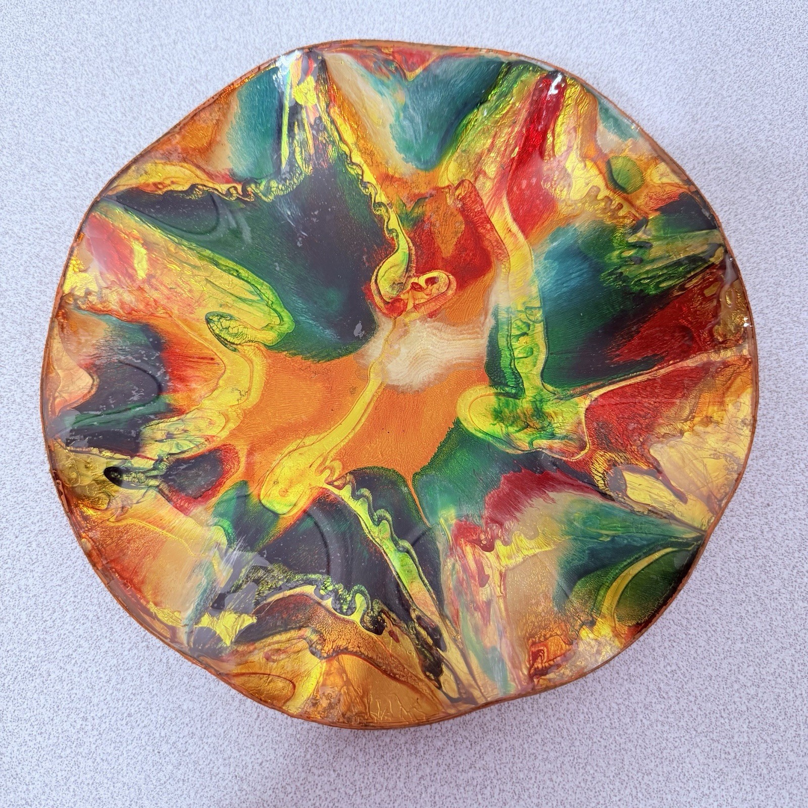 VTG 1960s Mexican Abstract Art Glass Leather Back Wall Plate Bowl Seetusee Style