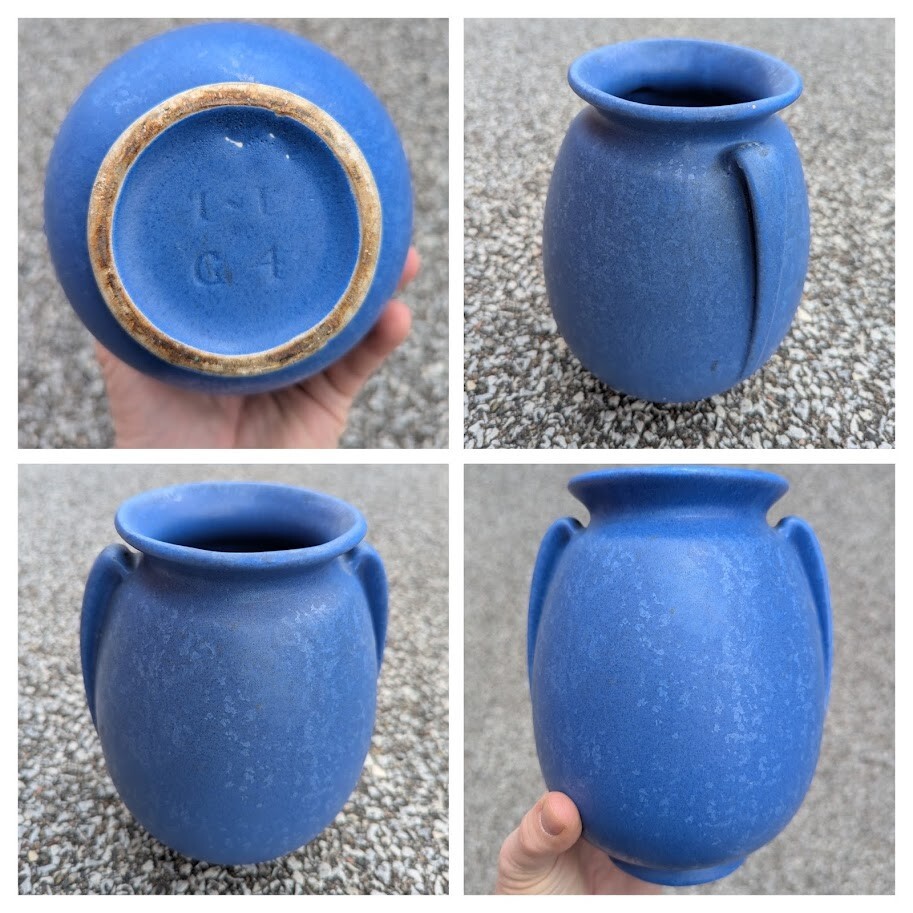 (c. 1940) Ohio George RumRill Pottery Blue Glazed Deco Ceramic Vase 7.25” x 5