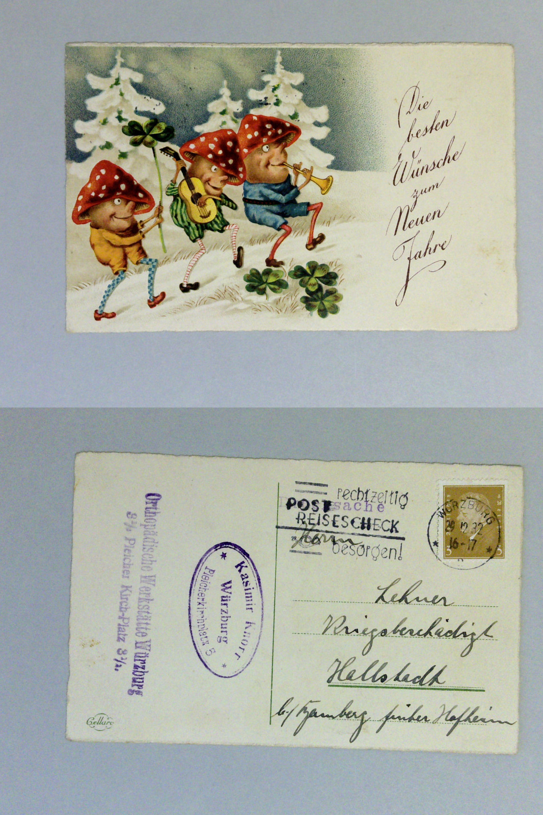 1932 German New Year Postcard Mushroom Gnomes Würzburg Orthopedic Workshop #987