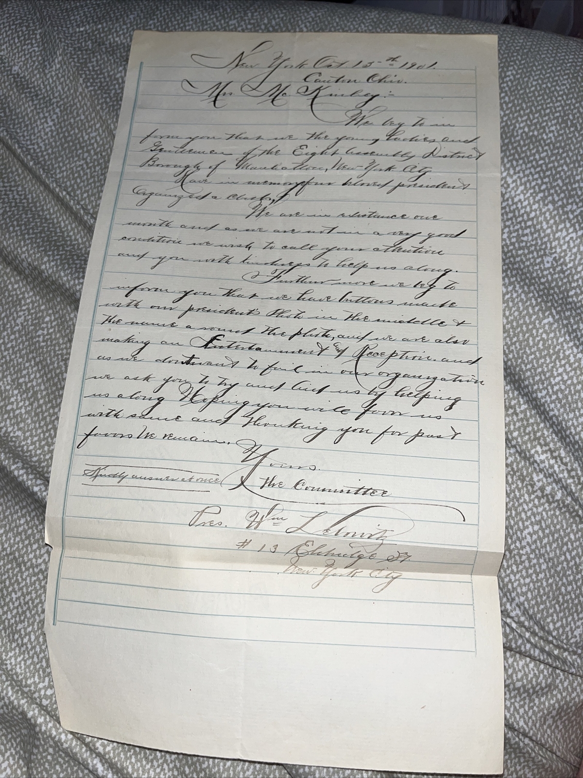 Antique Manhattan 8th Assembly Dist NY Letter o President McKinley Assassination