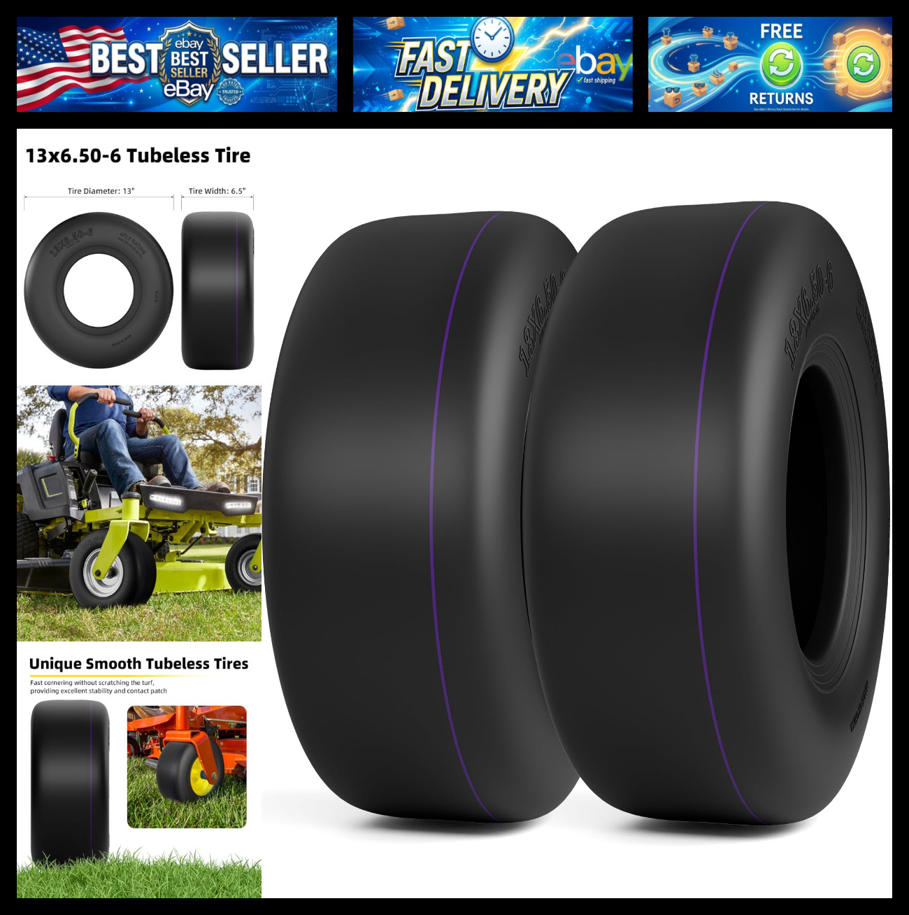 RONPOW 13x6.50-6 Tubeless Lawn Mower Tires, 13x6.5-6 Zero Turn Turf Tire, 4 Ply