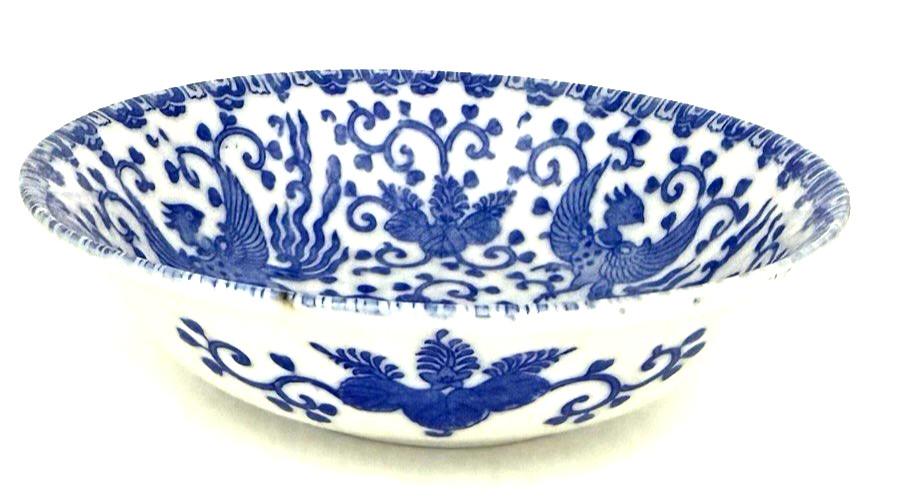 Vintage NORITAKE Morimura Blue & White Phoenix Bird Fruit Bowl w/Outer Design