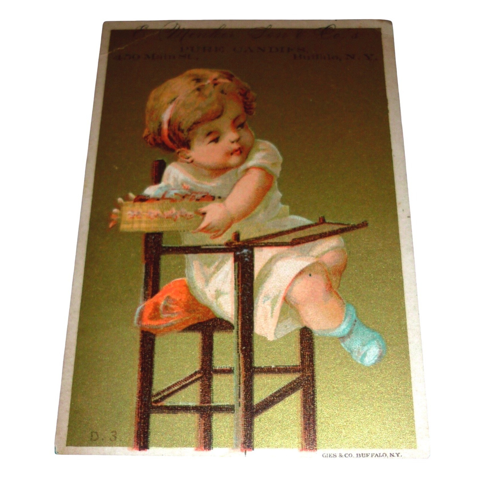 Antique Victorian Trade Card C. Menker Son & Co Candies Buffalo NY Gold Child