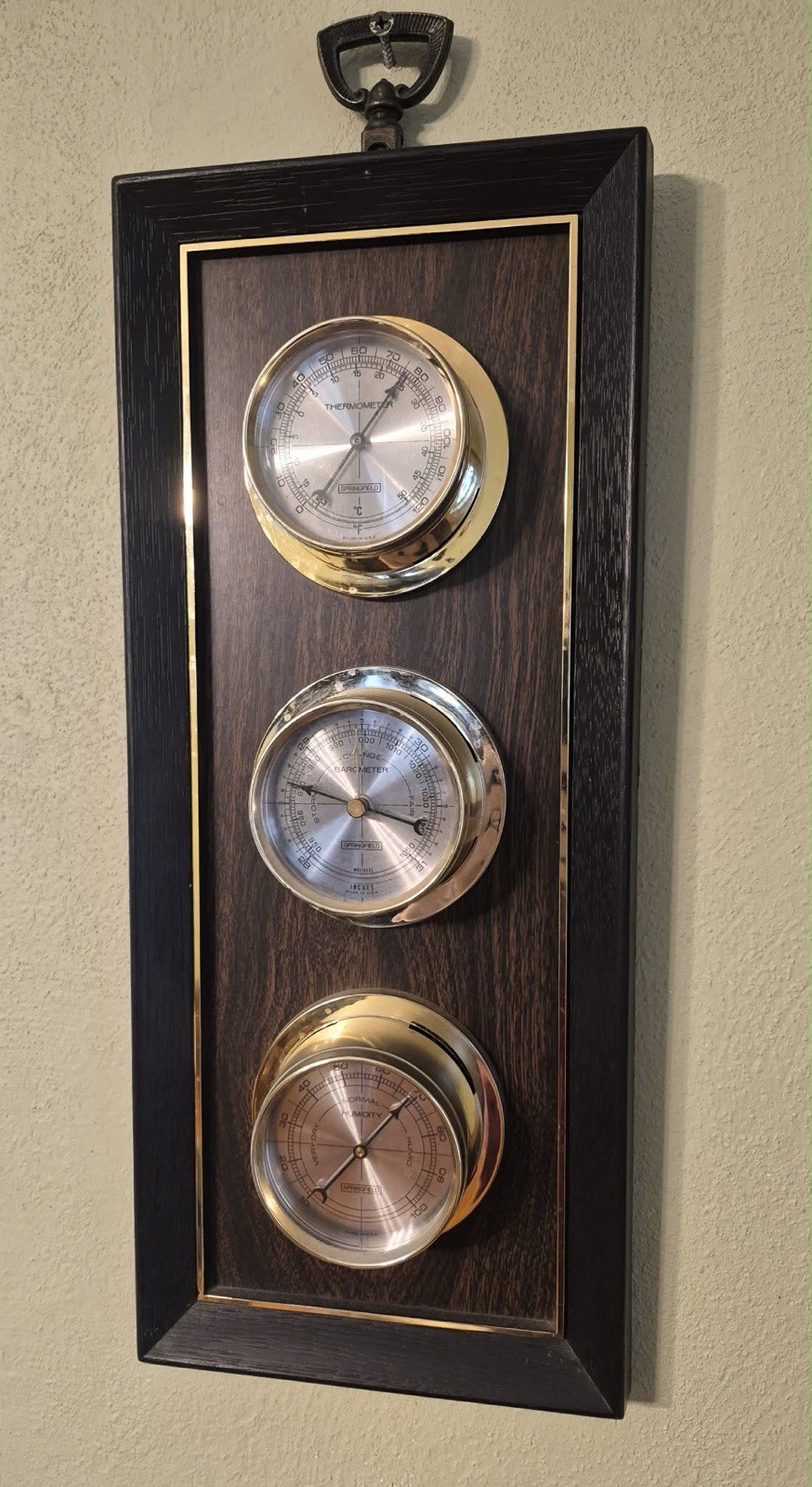 Vintage Springfield Wood Weather Station Thermometer Barometer Humidity 17”x 7”