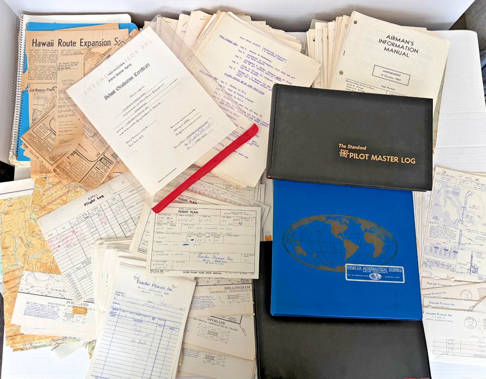 Vintage 1966 Pilot Archive Fancher Flyways Renton WA Logbook Receipt Manuals Lot