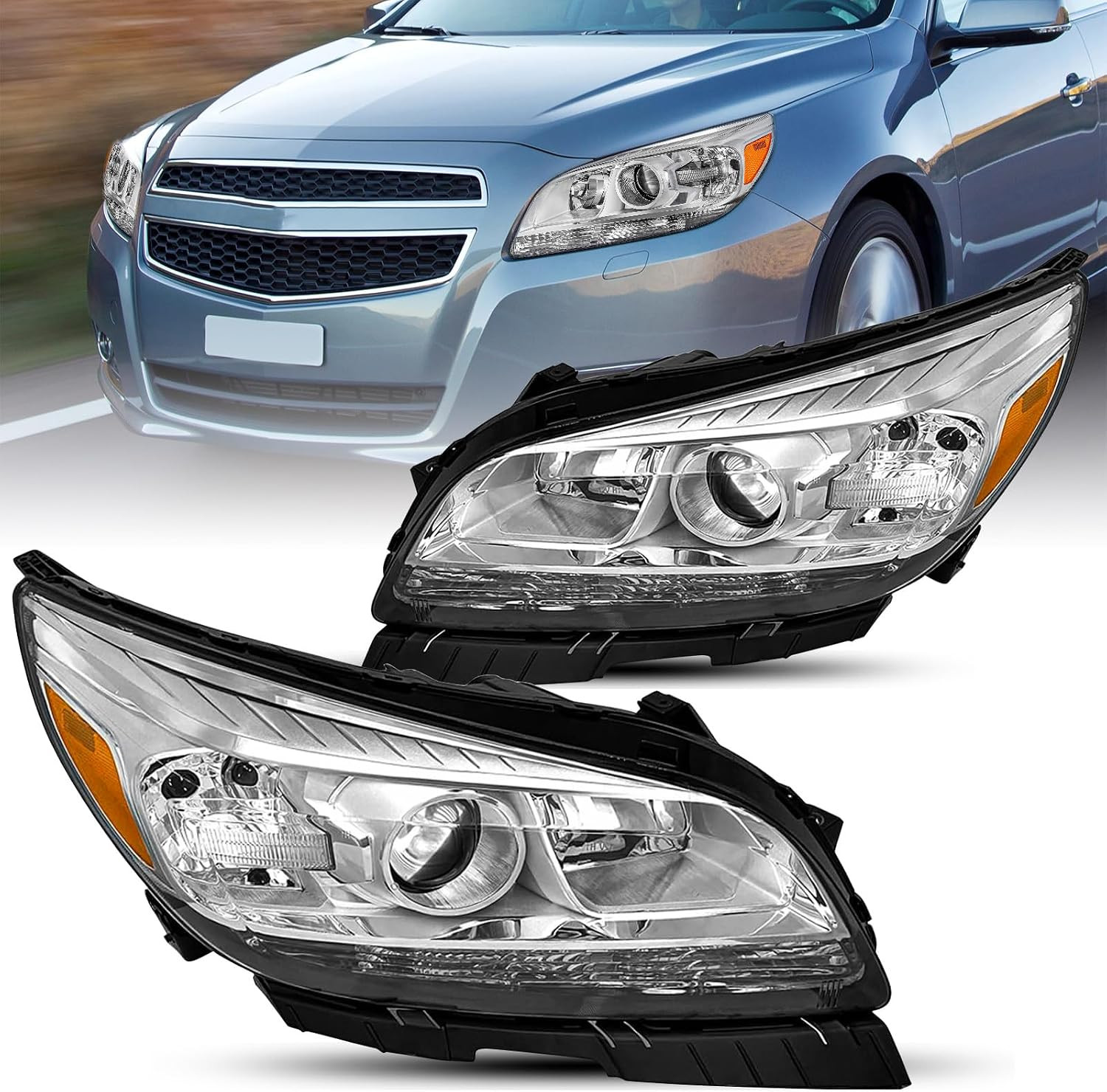 Halogen Headlights Assembly Fits 2013-2015 Chevy Malibu ECO LT Trim
