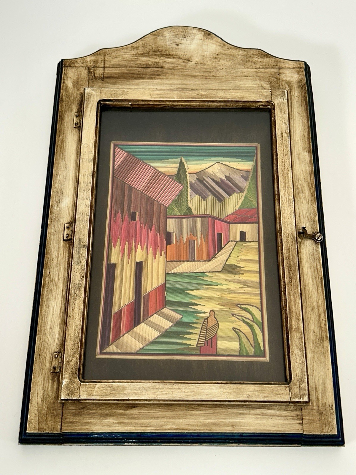 Mexican Popotillo Straw Marquetry Village Glass Door Shadow Box Folk Art 60s VTG