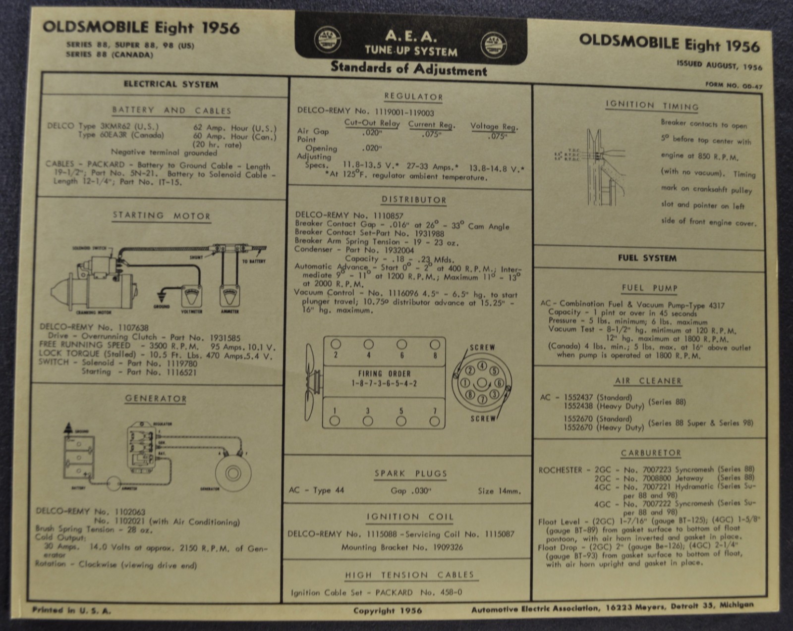 1956 Oldsmobile V8 Tune-Up Chart 98 Starfire Super 88 Original 56 Not a Reprint