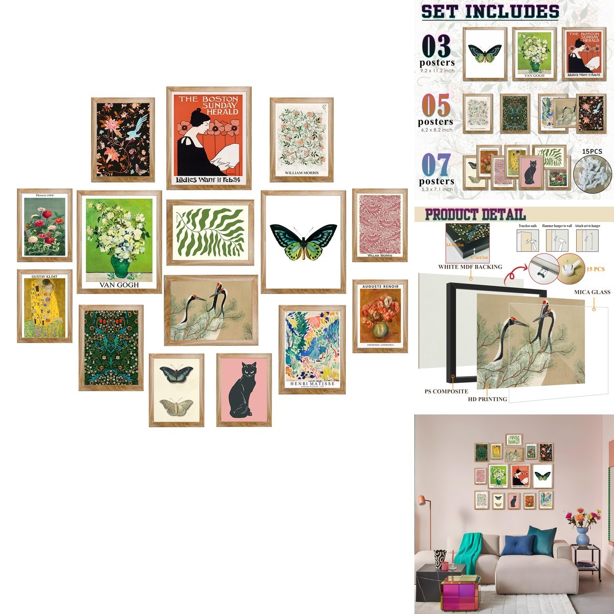 LANCHI95 Eclectic Framed Wall Art Set of 15 Vintage Maximalist Prints