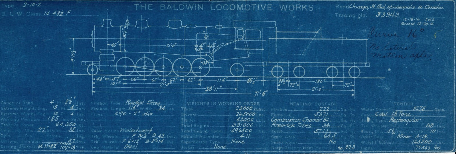1916 CStPM&O Blueprint Drawing Baldwin 2-10-2 Chicago St. Paul Minneapolis Omaha