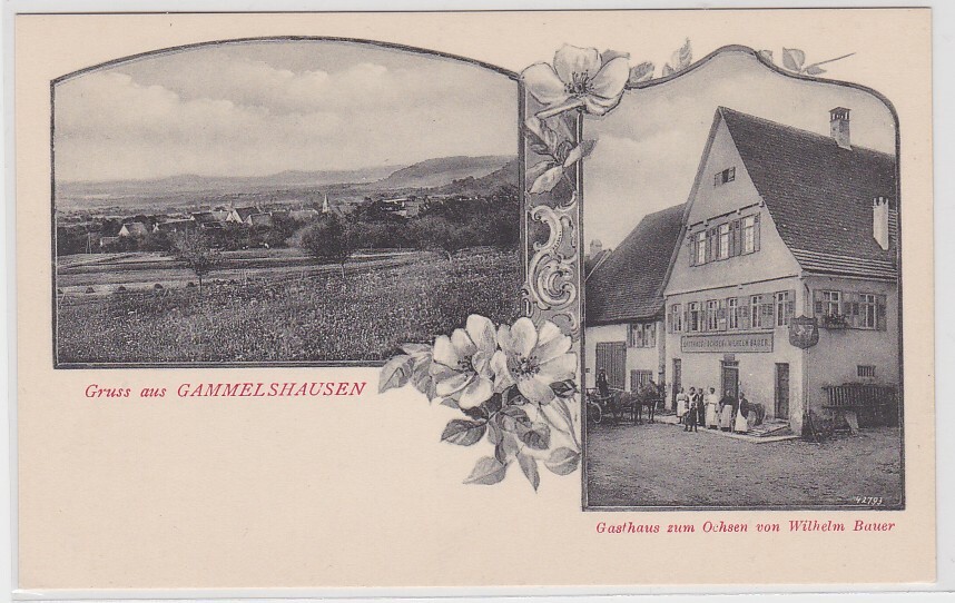 82261 Postcard greeting from Gammelshausen - Gasthaus zum Ochsen by Wilhelm Bauer around 1920