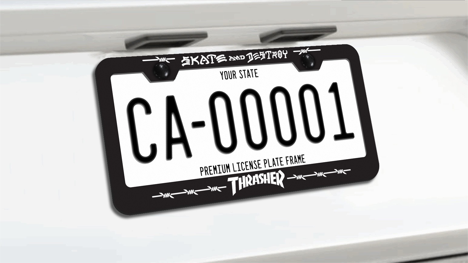 Thrasher BARBED WIRE SKATE AND DESTROY License Plate Frame BLACK