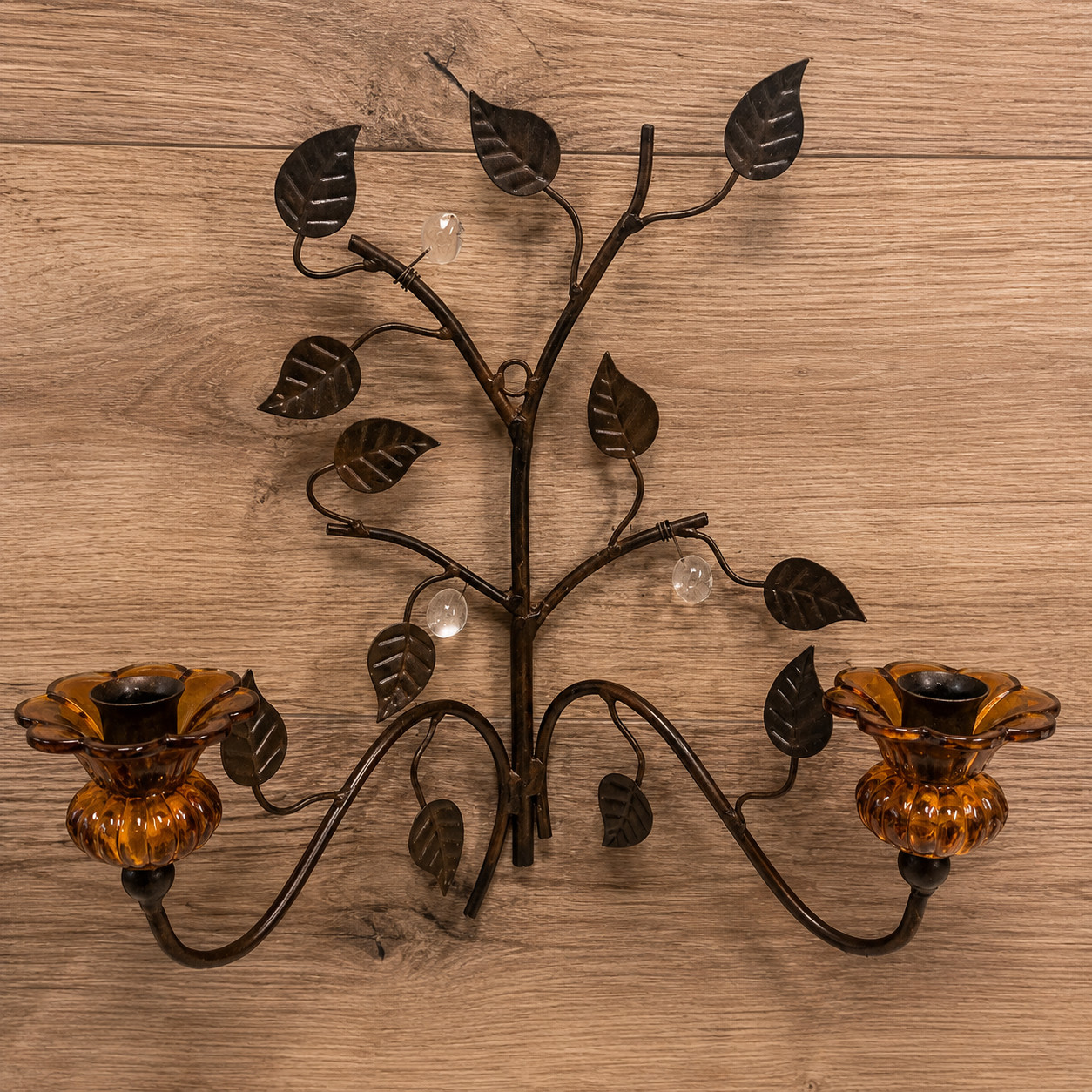 Vintage MCM Iron Wall Sconce Branch W/Leaves & Glass Berries Candlestick Holders