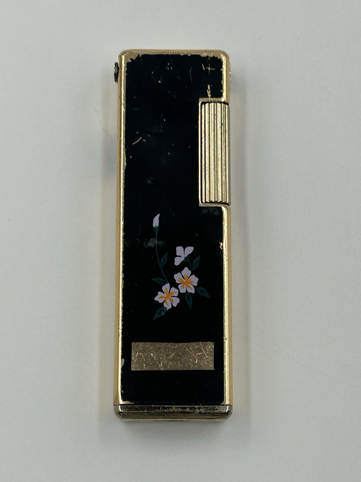 Vintage Battat Korean Floral Enamel Refillable Butane Pocket Lighter Gold Tone