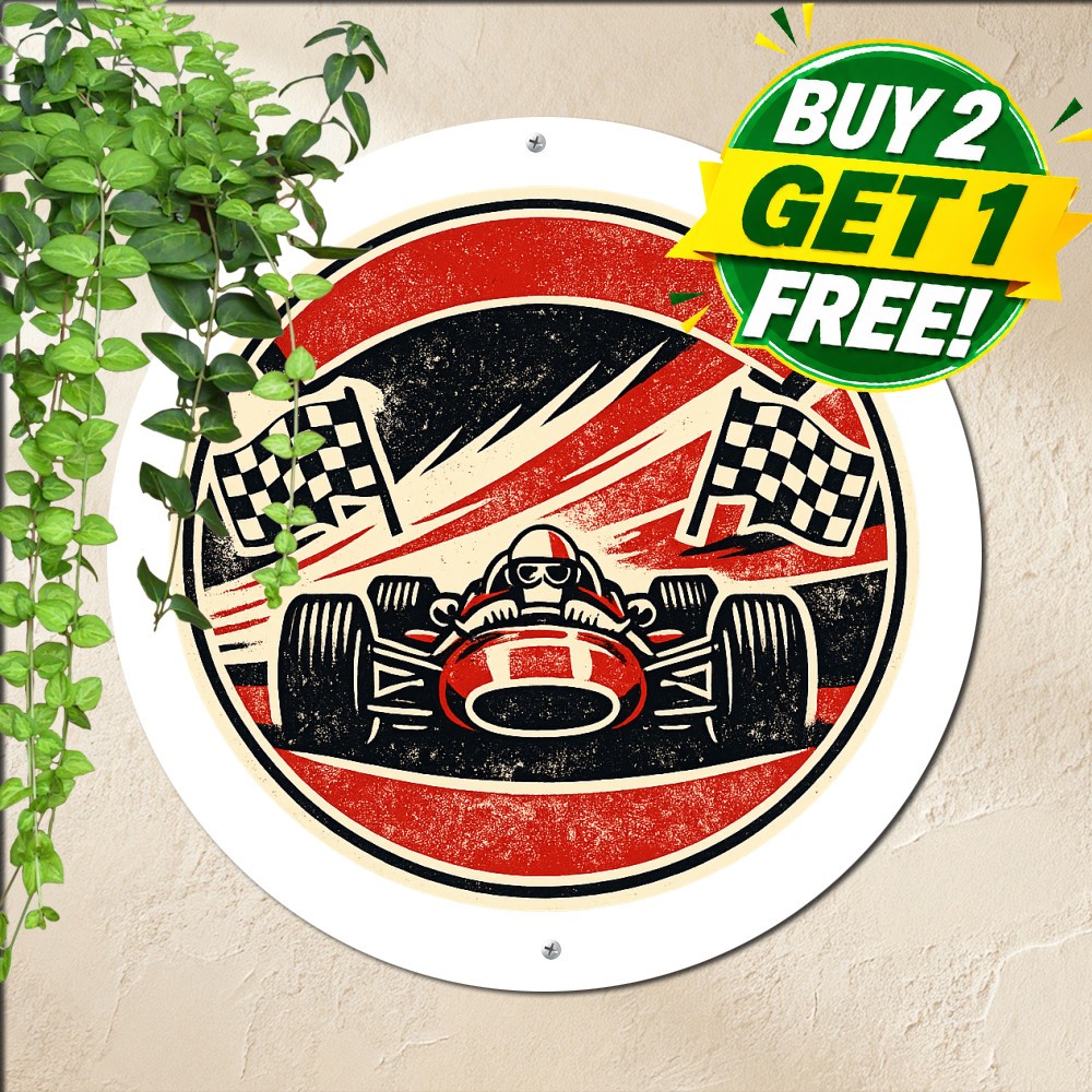 Race Track Circular Checkered Flag Tin Sign Racing Fan Man Cave Decor