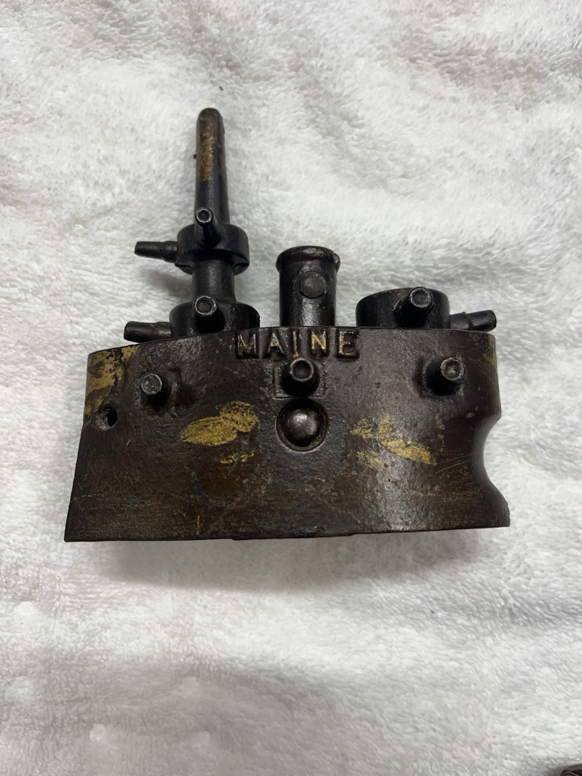 ANTIQUE CAST IRON--MAINE BATTLESHIP COIN BANK-SMALL VERSION-SUPER CONDITION
