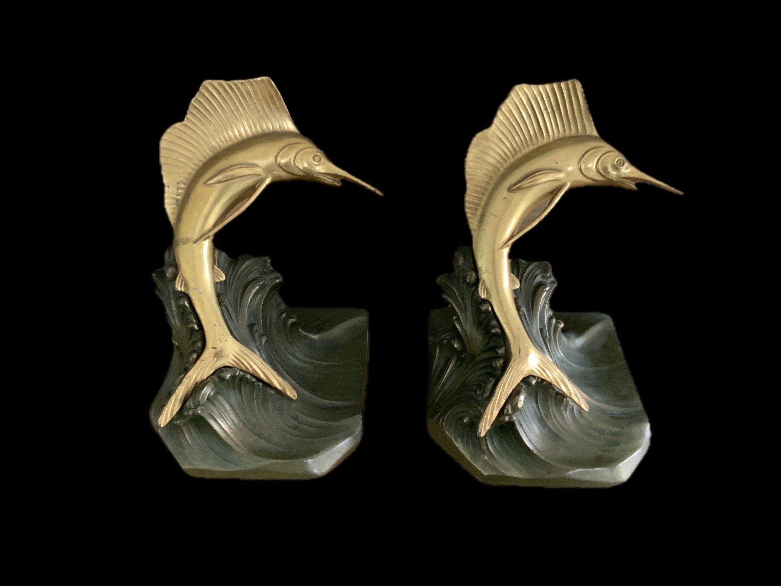 ~Pair Jennings Brothers Vintage MCM Solid Brass Sailfish Bookends~ 