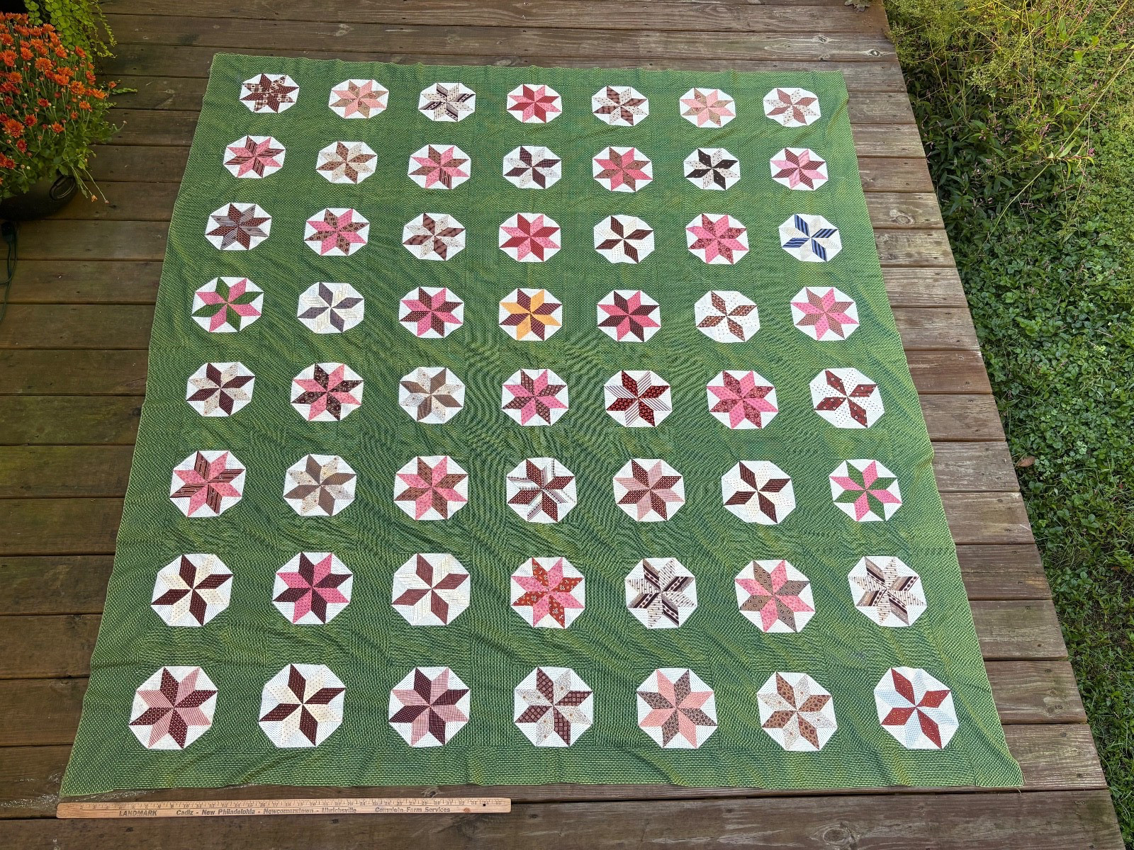 Antique Late 1800s Quilt TOP 88\'\' x 79\'\'  8 Pointed Star Green Brown and White