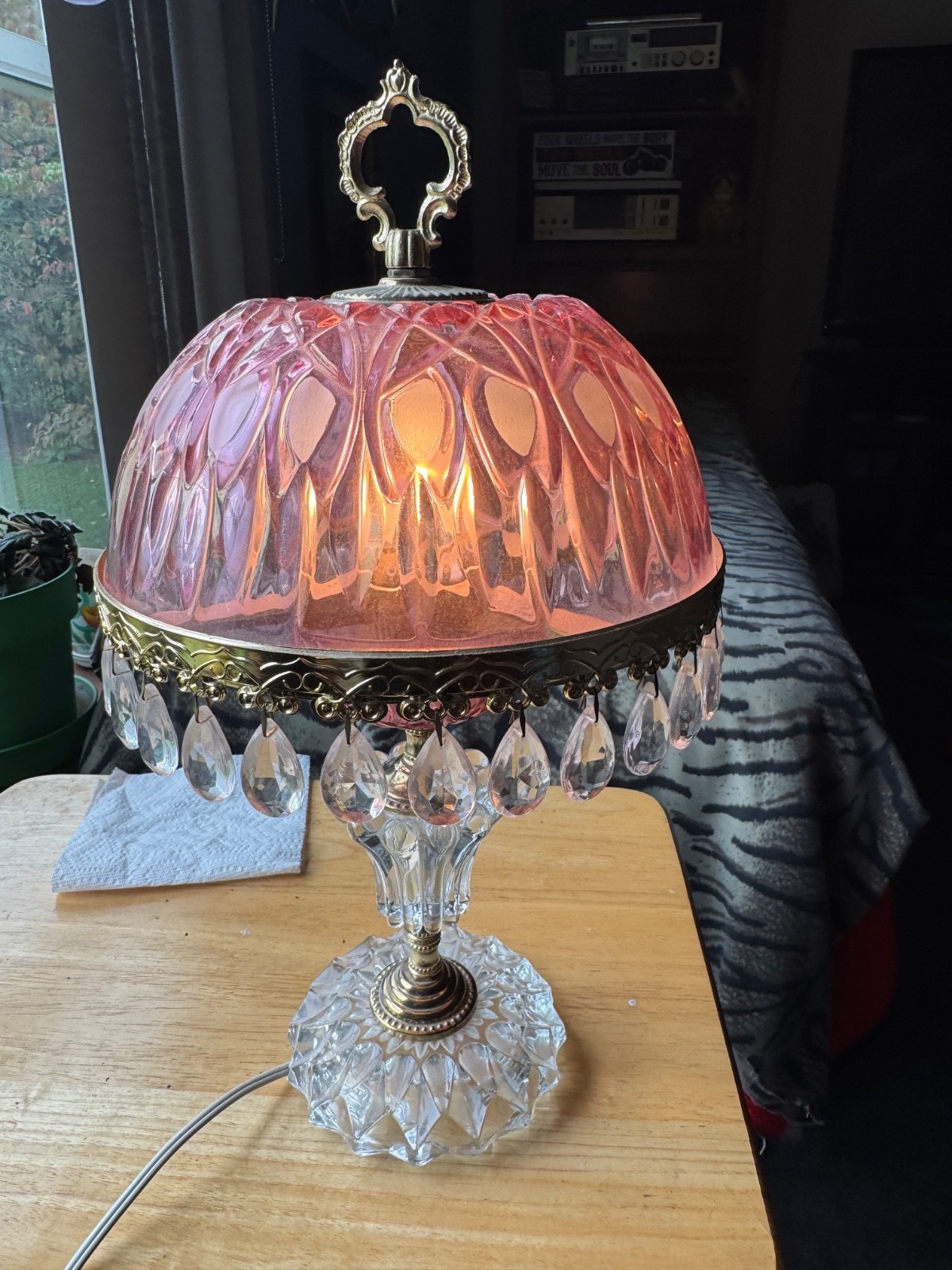 Vintage Michelotti  Cranberry  Crystal Boudoir Lamp with Prisms
